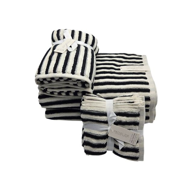 Rachel Zoe 8pc Cream And Black Striped Cotton Towel Set 2 Bath 4 Wash 2 Hand - Picture 14 of 16